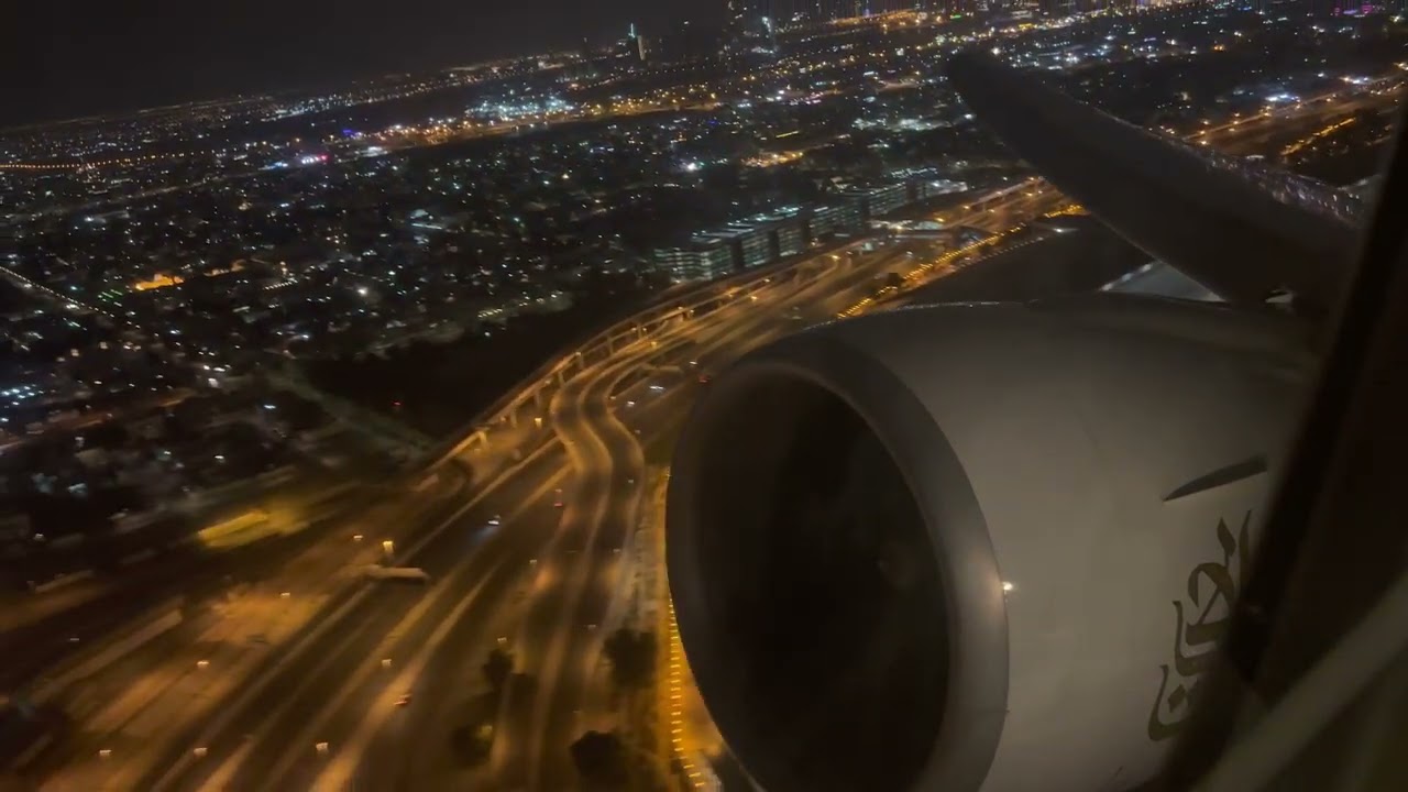 Emirates Boeing 777-300ER night time BURJ KHALIFA view takeoff | Emirates Aviation