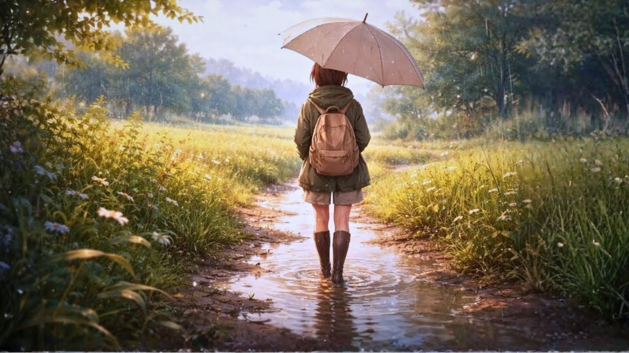 ASMR A Cozy Rainy Walk Ambience Through the Fields | Ghibli-Style