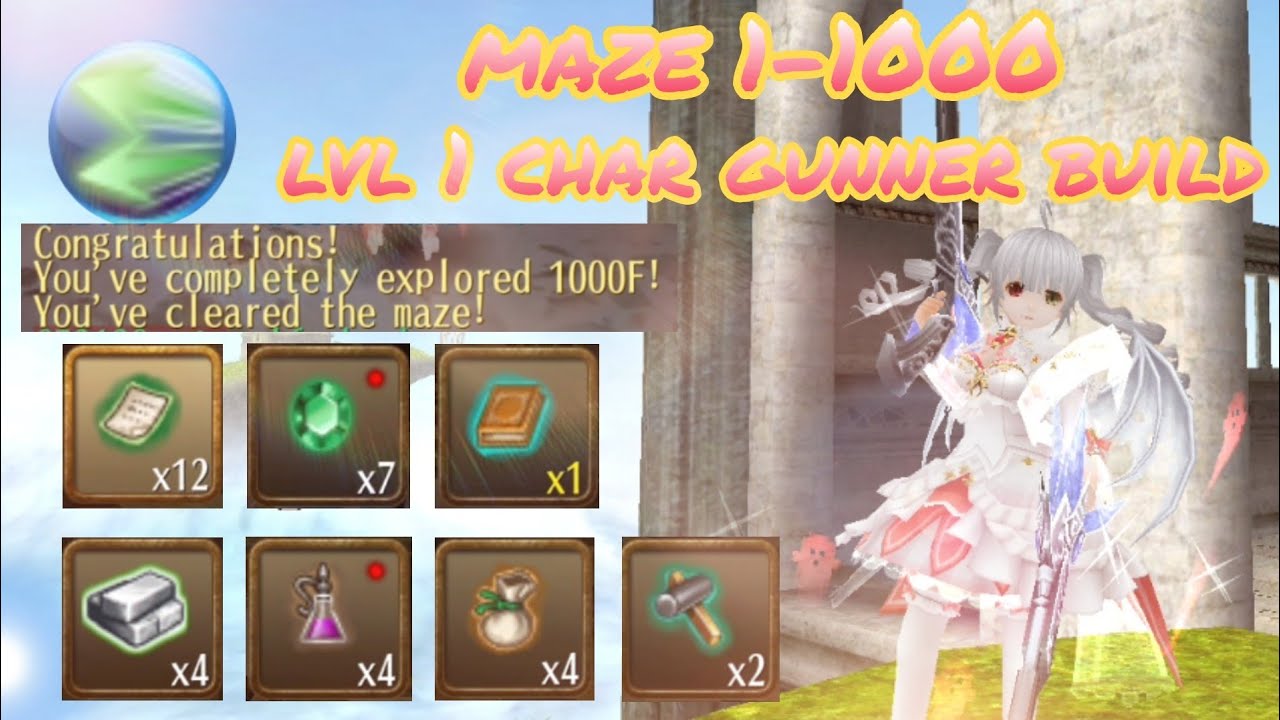 toram online - maze 1-1000 using lvl 1 char gunner twin strom build +  drop maze  - yusagi