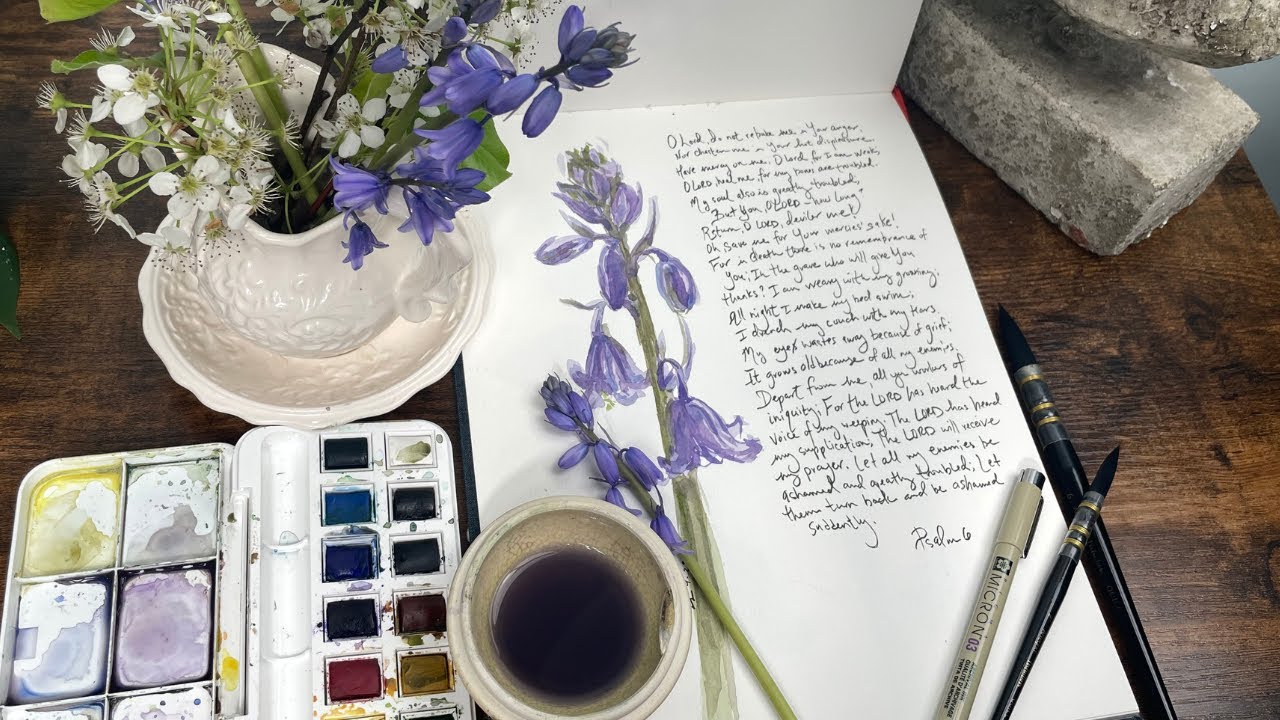 Art & Scripture Journaling - watercolor bluebelll & reading Psalm 6 commentary from Matthew Henry