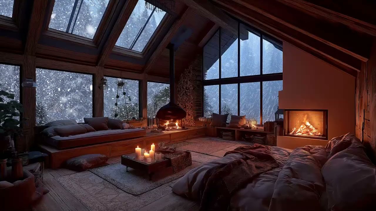 Winter Night Ambience ❄️ Snow & Crackling Fireplace for Sleep & Healing