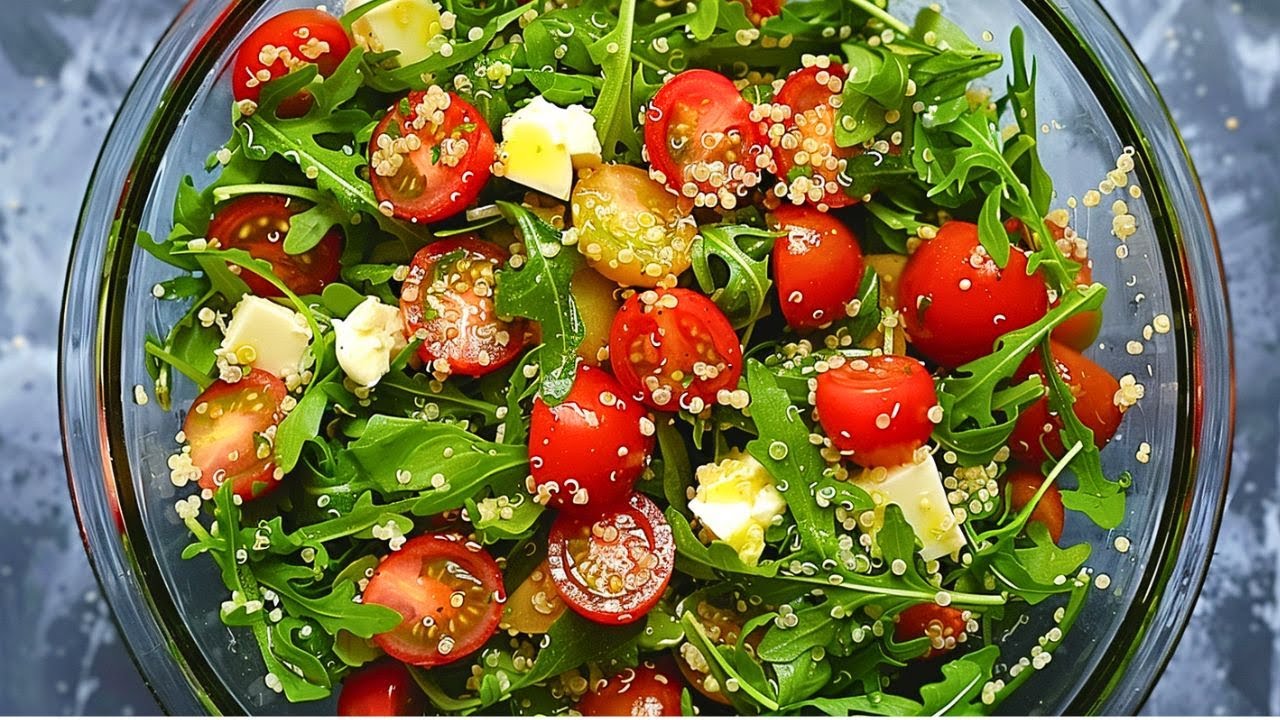 Dieses Quinoa Salat Rezept ist super lecker schnell und einfach: Rucola Salat + Mozzarella & Tomaten