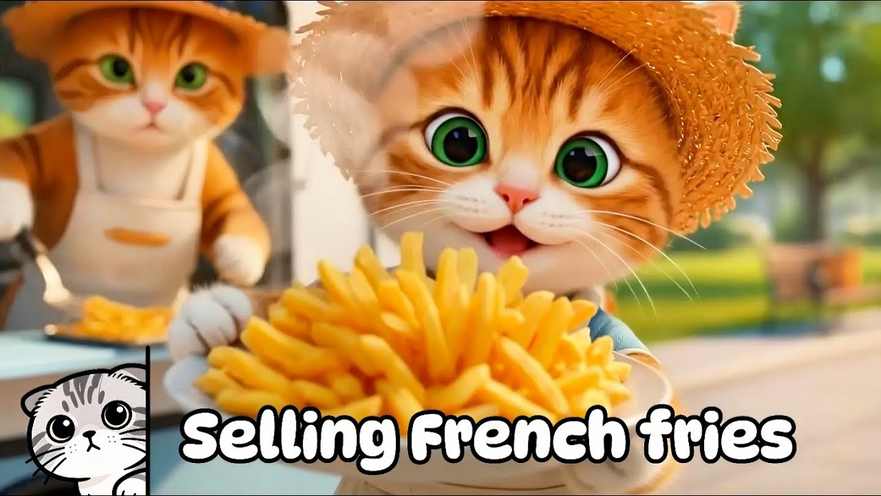 The mother cat sells french fries. CAT FAMILY 3