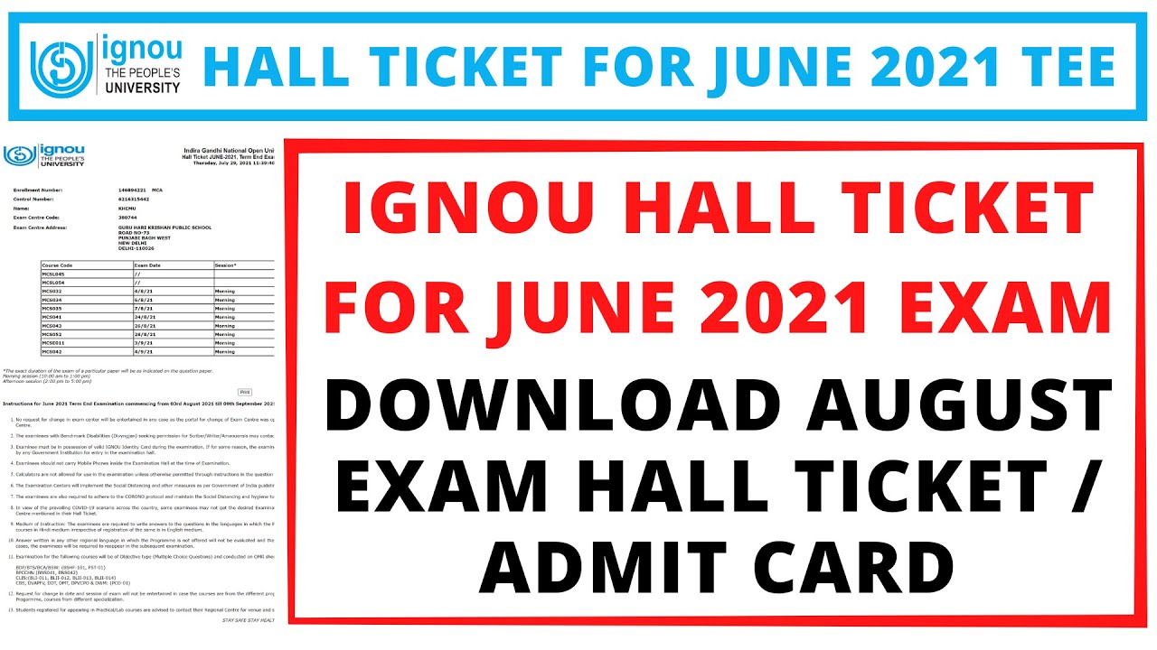 IGNOU Hall Ticket for June 2021 Exam | IGNOU Download August Exam Hall Ticket / Admit Card