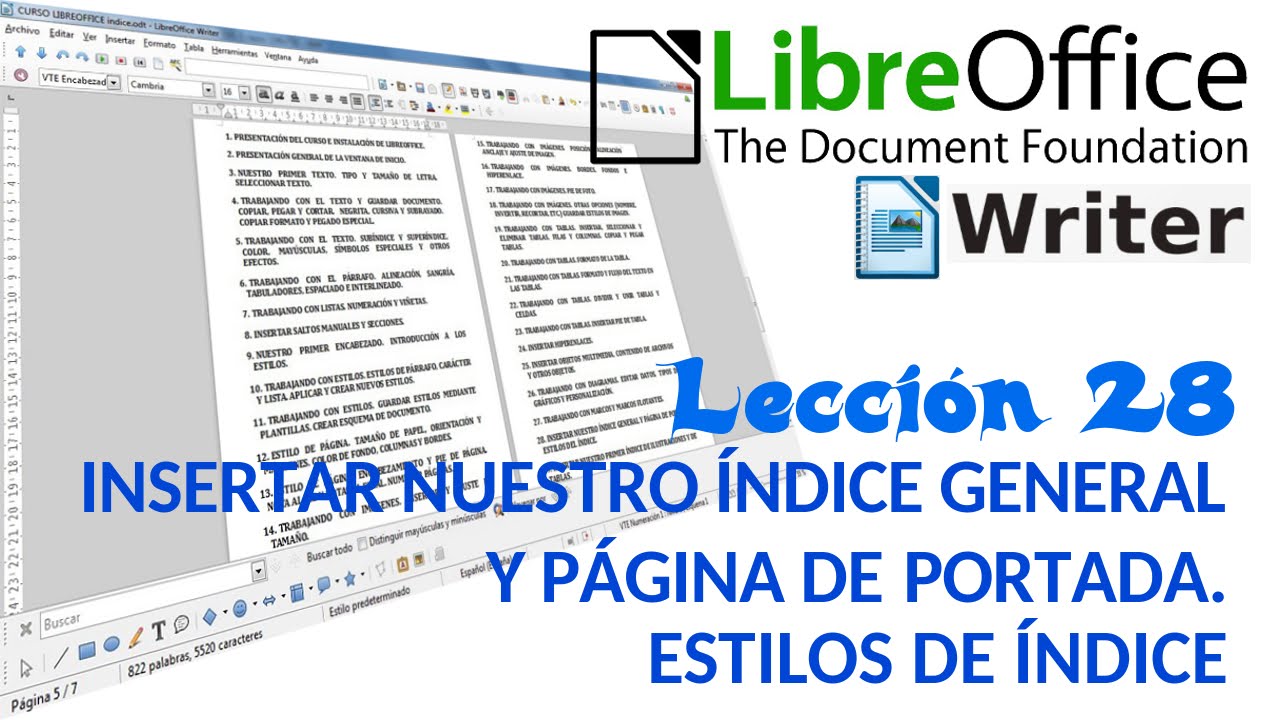 Tutorial LibreOffice Writer - 28/40 Insertar índice general y página de portada. Estilos del índice.