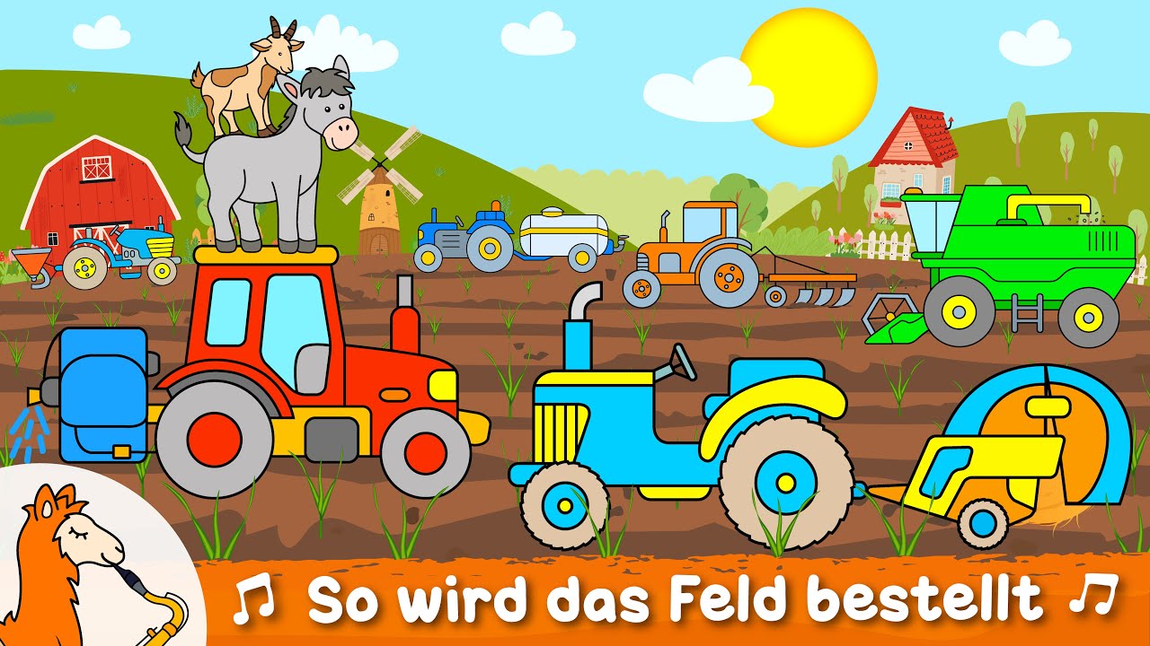 Traktor Lied für Kinder | 7 Traktoren im Einsatz | Kindervideo mit Pflug Güllewagen Mähdrescher u.a.