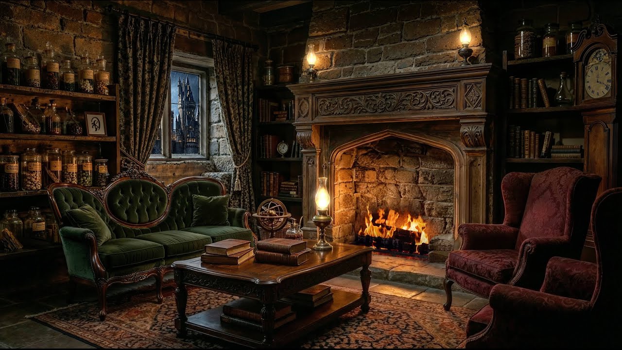 Harry Potter Fireplace Ambience | Cozy Fireplace & Rain Sounds for Study, Relax and Sleep