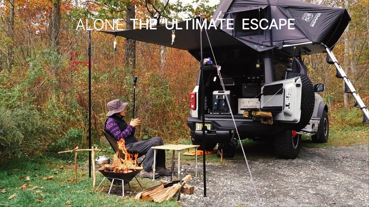 Relaxing Solo Camping Escape [ Gloomy Rain, Cozy ikamper & Mountain Views, Campfire Cooking, ASMR ]