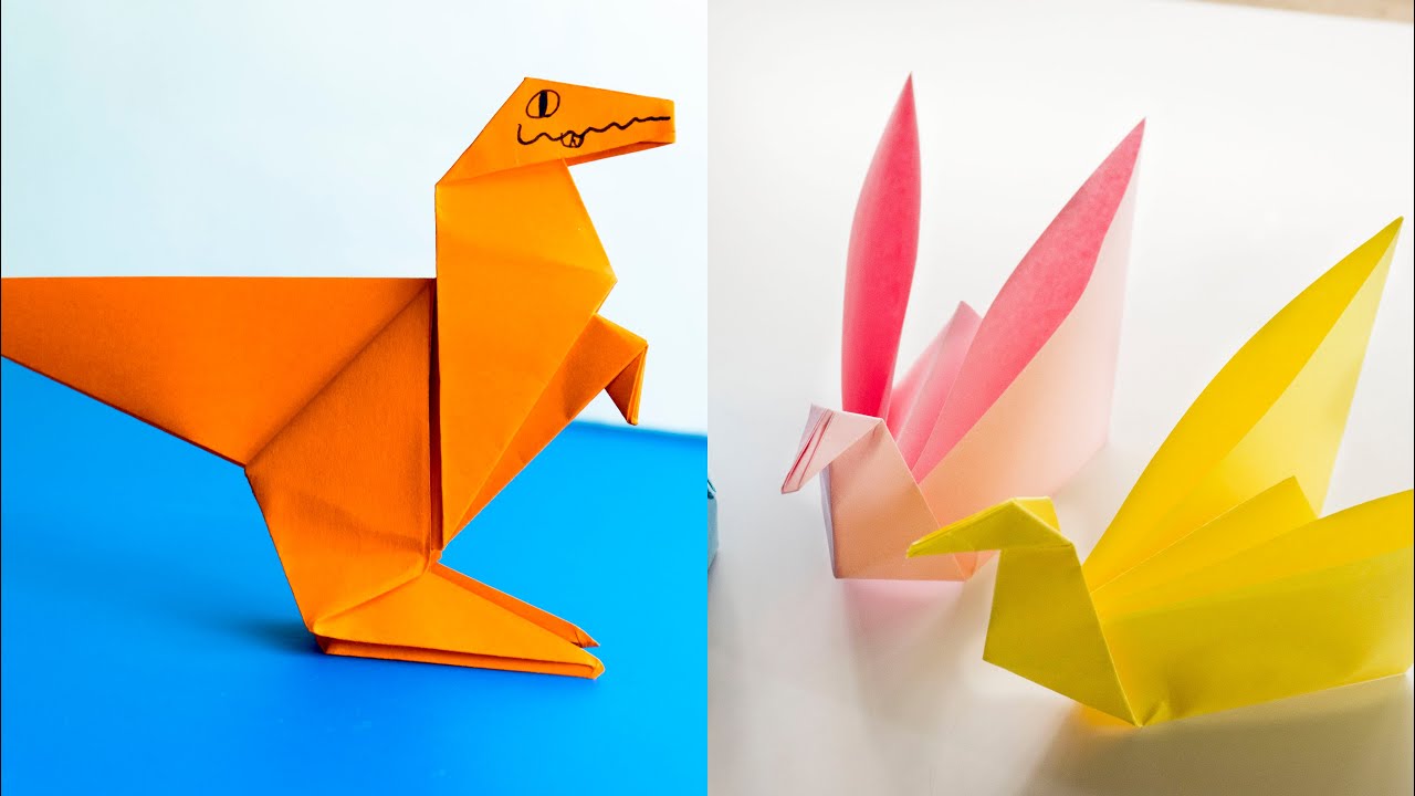 Dinosaurio vs. cisne de papel. Idea de origami