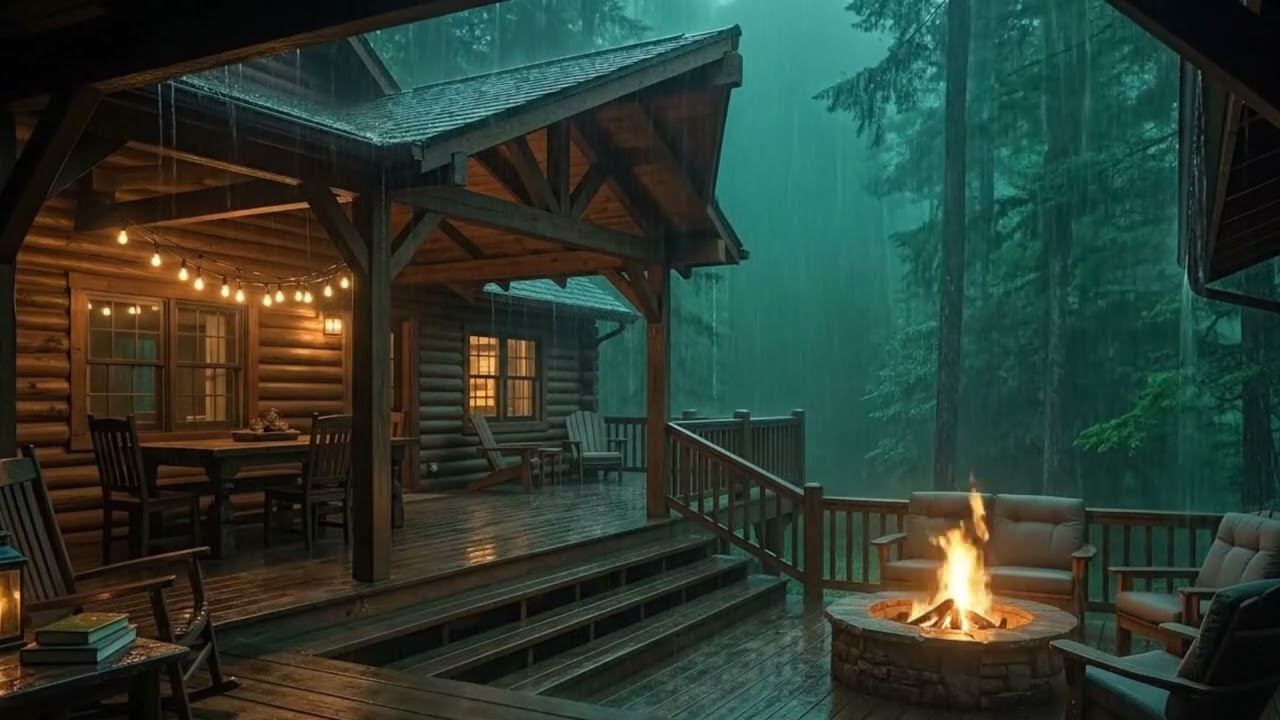 Heavy Rain on Cabin Porch & Warm Fireplace Sounds | 3 Hours of Deep Relaxation Ambiance