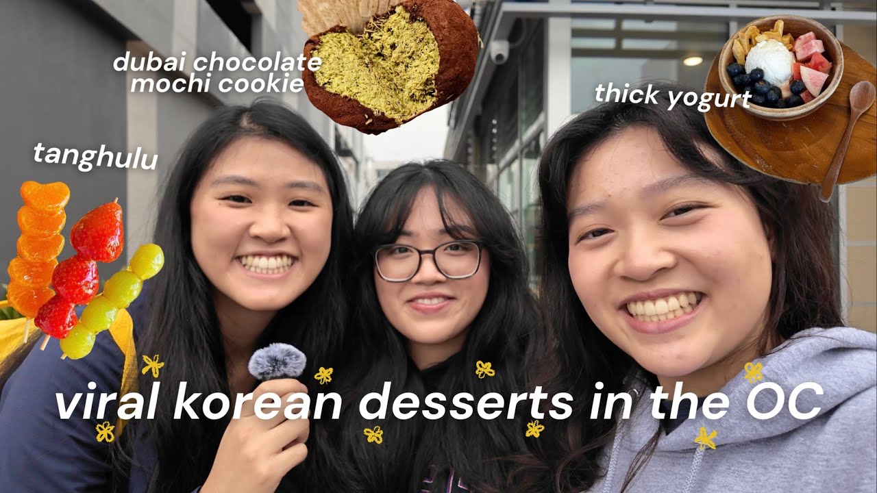 trying viral korean desserts in the OC 🍡🍓🥣 (dubai chocolate mochi cookie, tanghulu, thick yogurt)