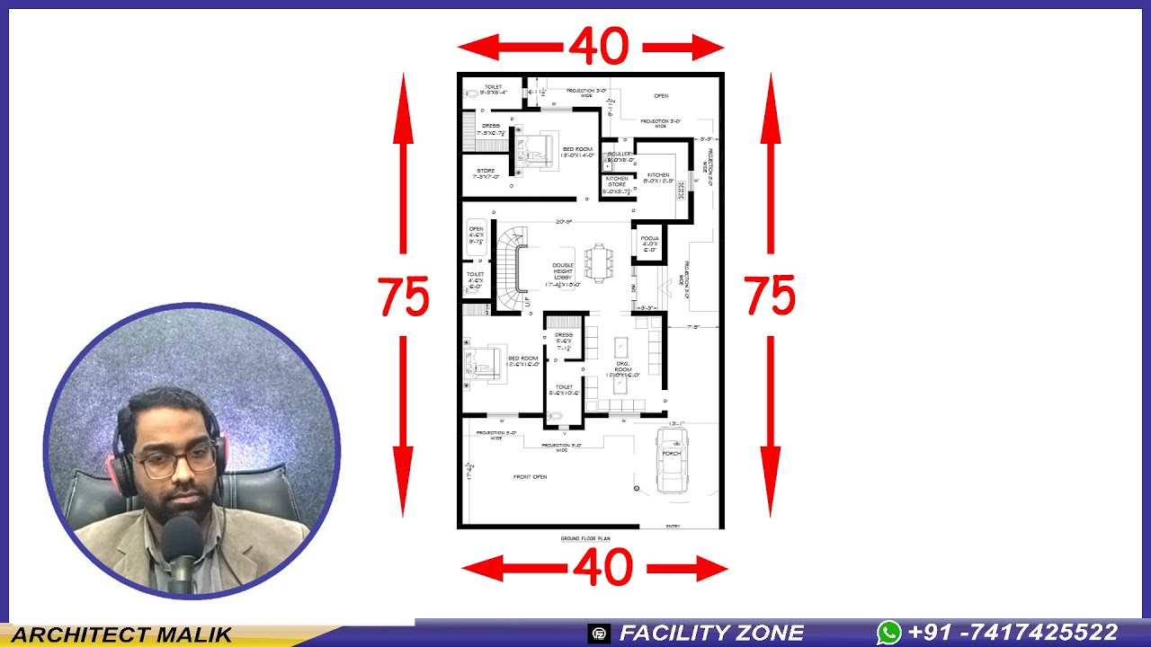 40 BY 75 House Floor Plan Explain By Architect Malik | Facility Zone #live