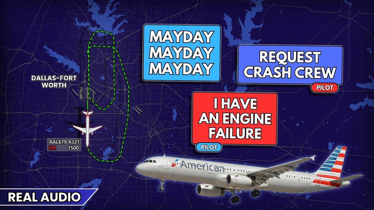 Left engine FAILURE on takeoff. MAYDAY. American A321 returns to DFW Airport. Real ATC