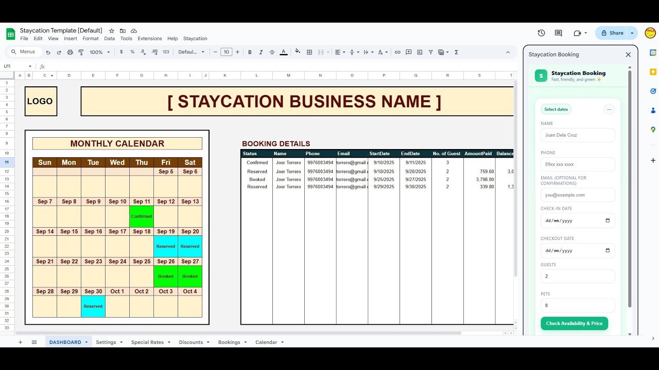 Staycation Template Tutorial (Google Sheets) Airbnb Manual Booking System!