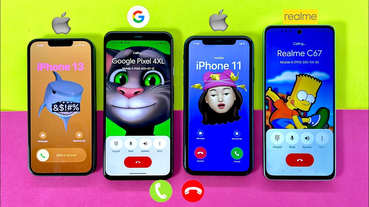 Incoming Call + Outgoing Call & Timer on iPhone 13, iPhone 11 vs Realme C67, Google Pixel 4Xl 