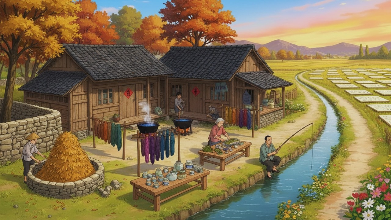 Cores do Outono e Saberes da Vila: Tingimento Natural, Pesca e Papel Artesanal | Estilo Ghibli