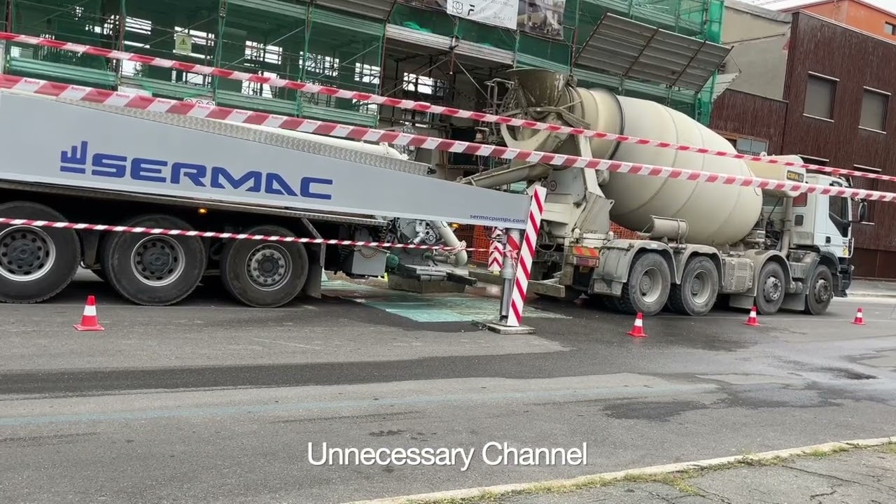 Ready mix concrete truck and concrete pump truck working in Milan, Italy
