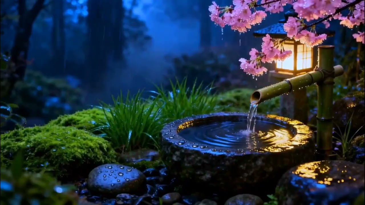 Gentle Rain and Soft Piano in a Zen Garden Night | Deep Sleep and Relaxing Ambience