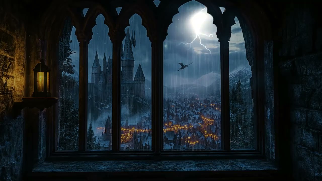 Dark Gentle Rain on Hogwarts Castle Window, Relaxing Night Ambience for Rest and Sleep