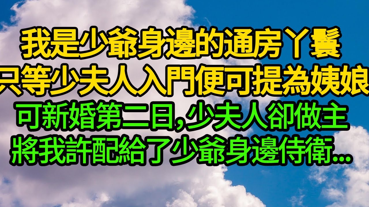 我是少爺身邊的通房丫鬟，只等少夫人入門便可提為姨娘。可新婚第二日，少夫人卻做主將我許配給了少爺身邊侍衛...