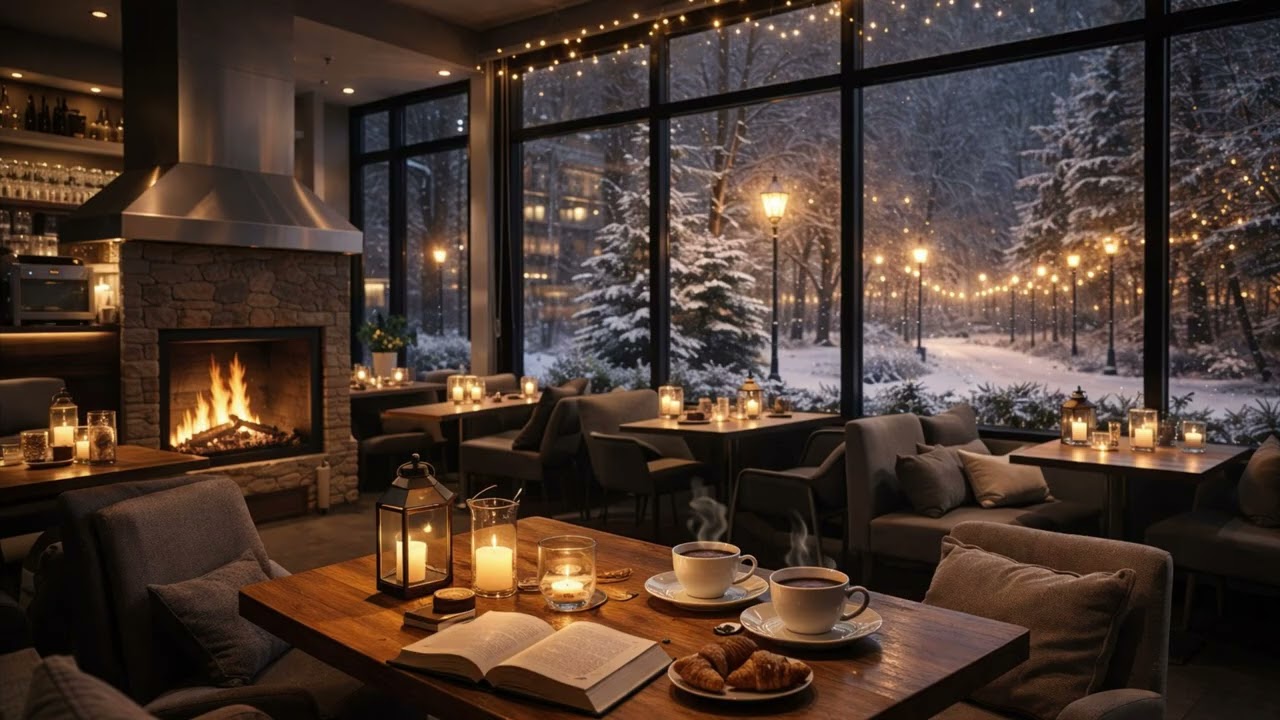 Cozy Winter Café Fireplace 🔥 Snowy Window Ambience | Crackling Fire Sounds (4 Hours)