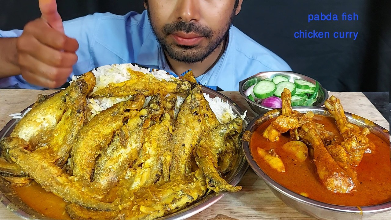ASMR MUKBANG | Eating Bengali Mustard Pabda Fish curry & Spicy Masala Chicken | Satisfying Sounds