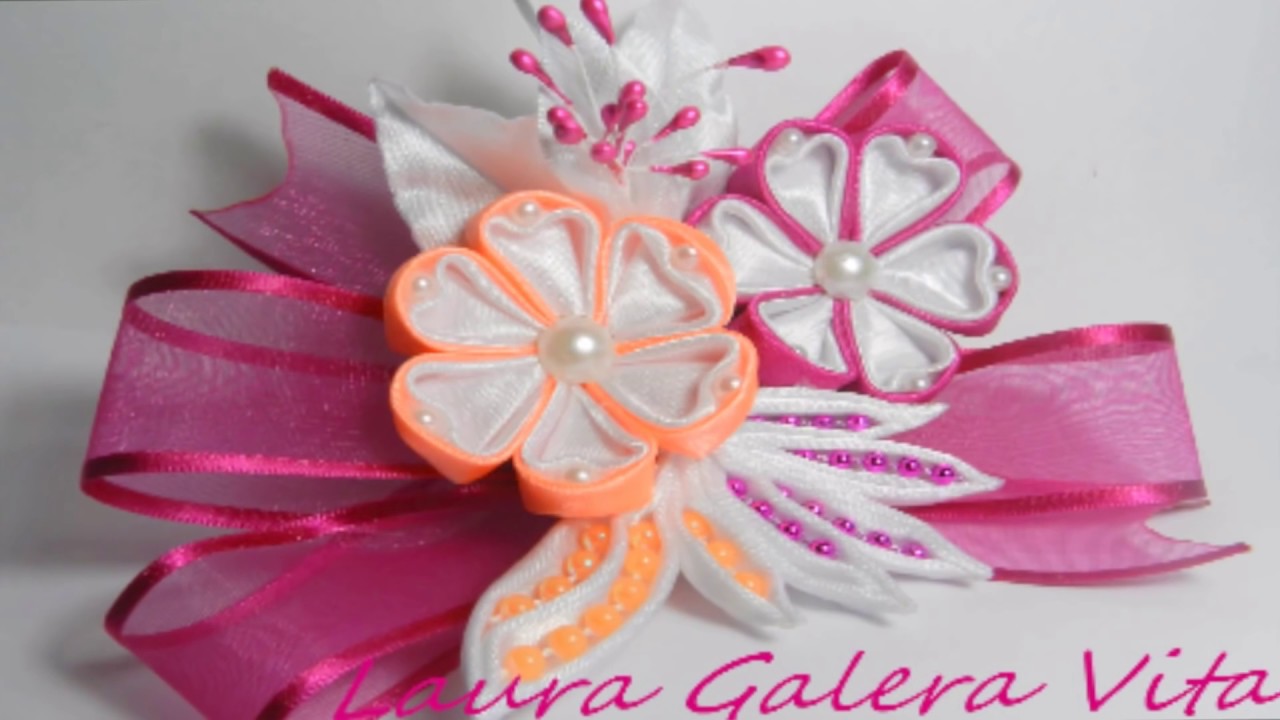 Moño con flor Kanzashi con cintas!! Bow with Kanzashi flower with ribbons !! Laço Kanzashi!!