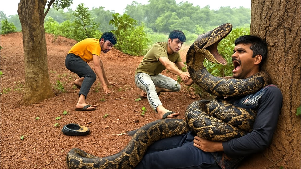 Anaconda Snake Attack On Village Man In Forest | 3 Dost In Jungle 