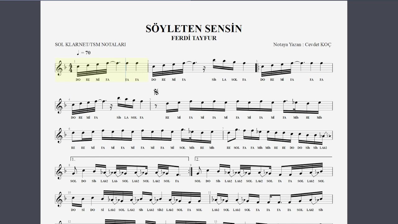 S&Ouml;YLETEN SENSİN   FERDİ TAYFUR NOTA SOLFEJ