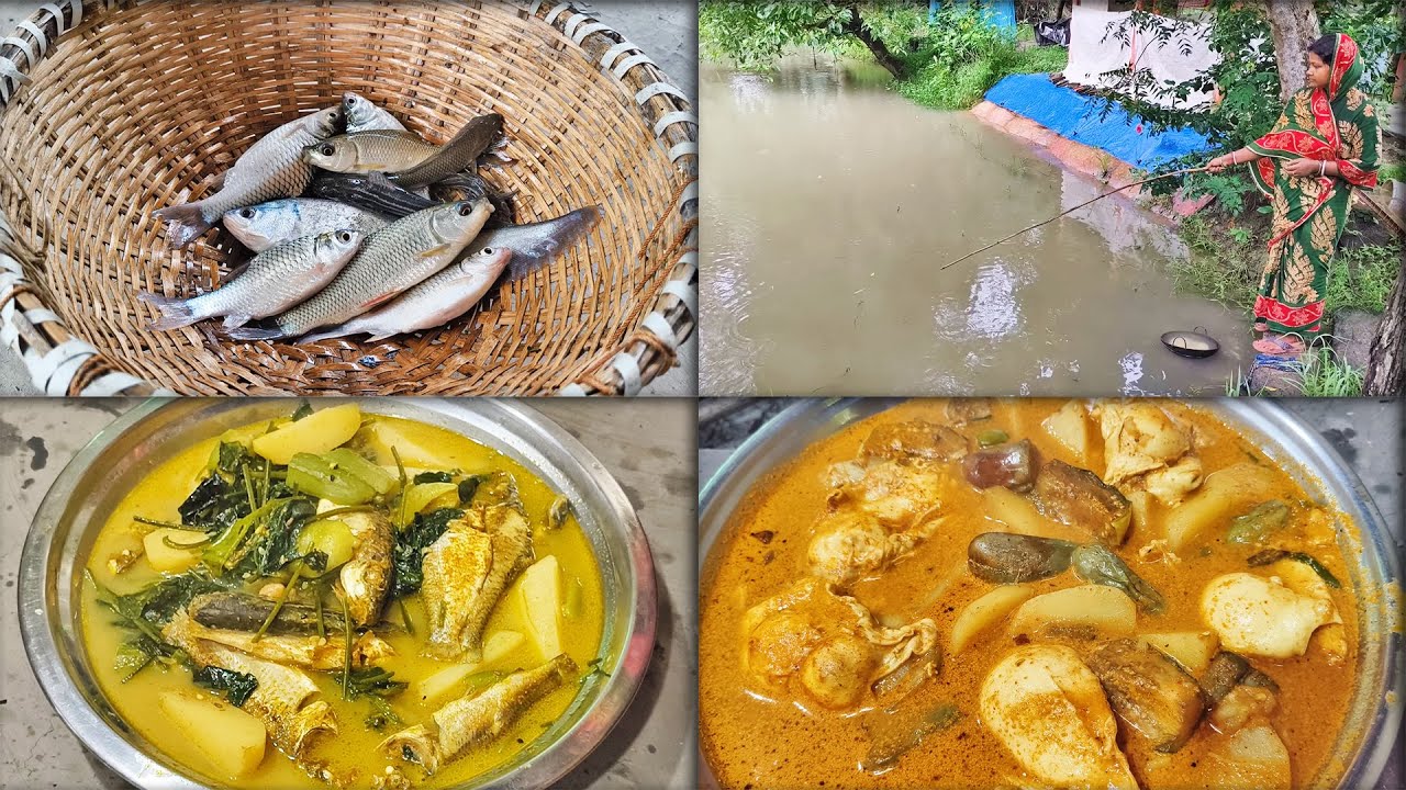 পুকুর থেকে ছিপ দিয়ে মাছ ধরে টাটকা মাছের ঝিঙে আলু তেলাকুচো ডাটার ঝোল আলু বেগুন দিয়ে ডিমের টবকা রান্না