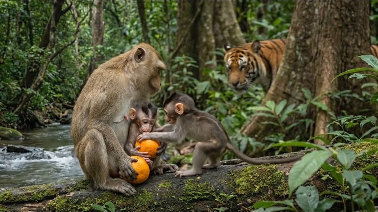 The mother monkey peels an orange for her baby monkey. แม่ลิง  ปอกส้มให้ลูกลิง