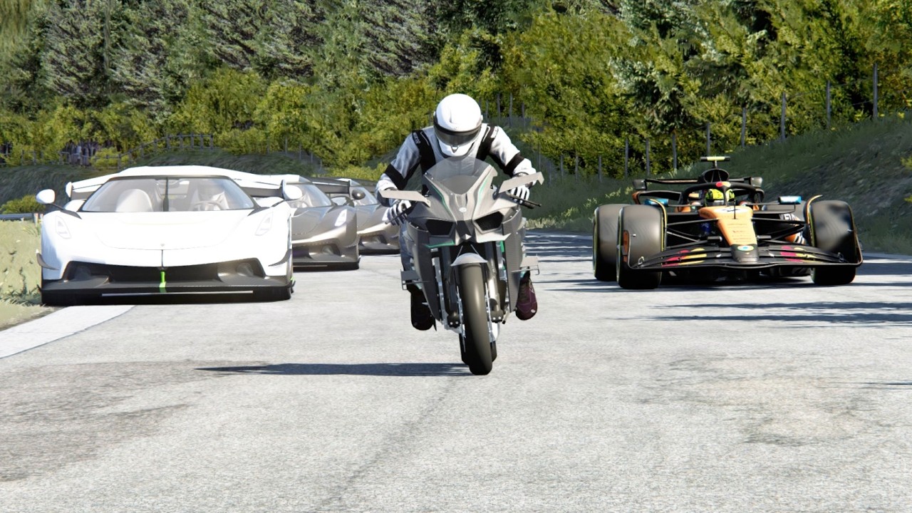 Kawasaki Ninja H2R Supercharged vs Hypercars Koenigsegg Jesko vs F1 McLaren MCL39 at Old SPA