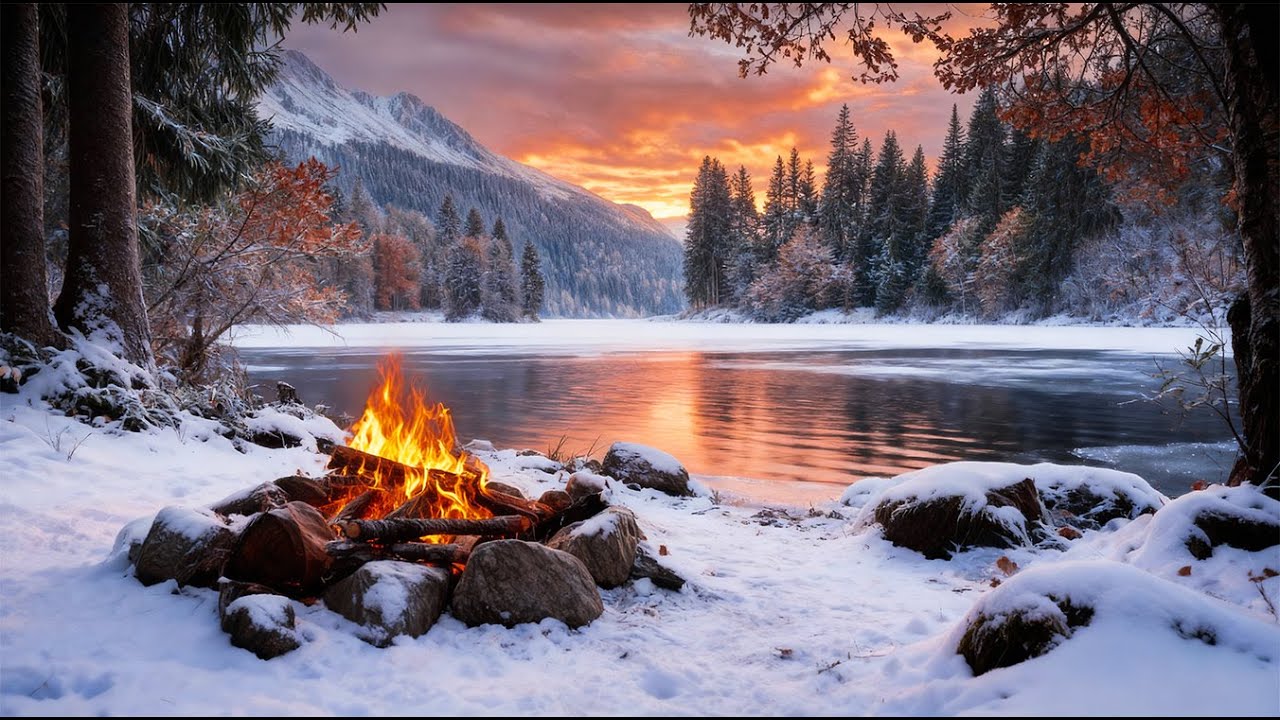 Peaceful Winter Morning by the Lakerside ❄️ Cozy Crackling Fire & Calm Nature Ambience