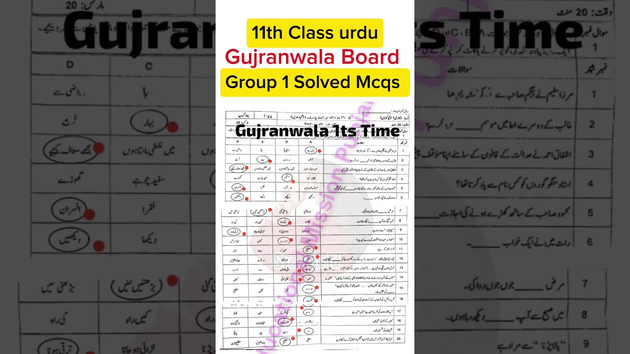 1st year Urdu Gujranwala board solved Mcqs group 1 paper 2026 | 11th class Urdu group 1 paper 2026