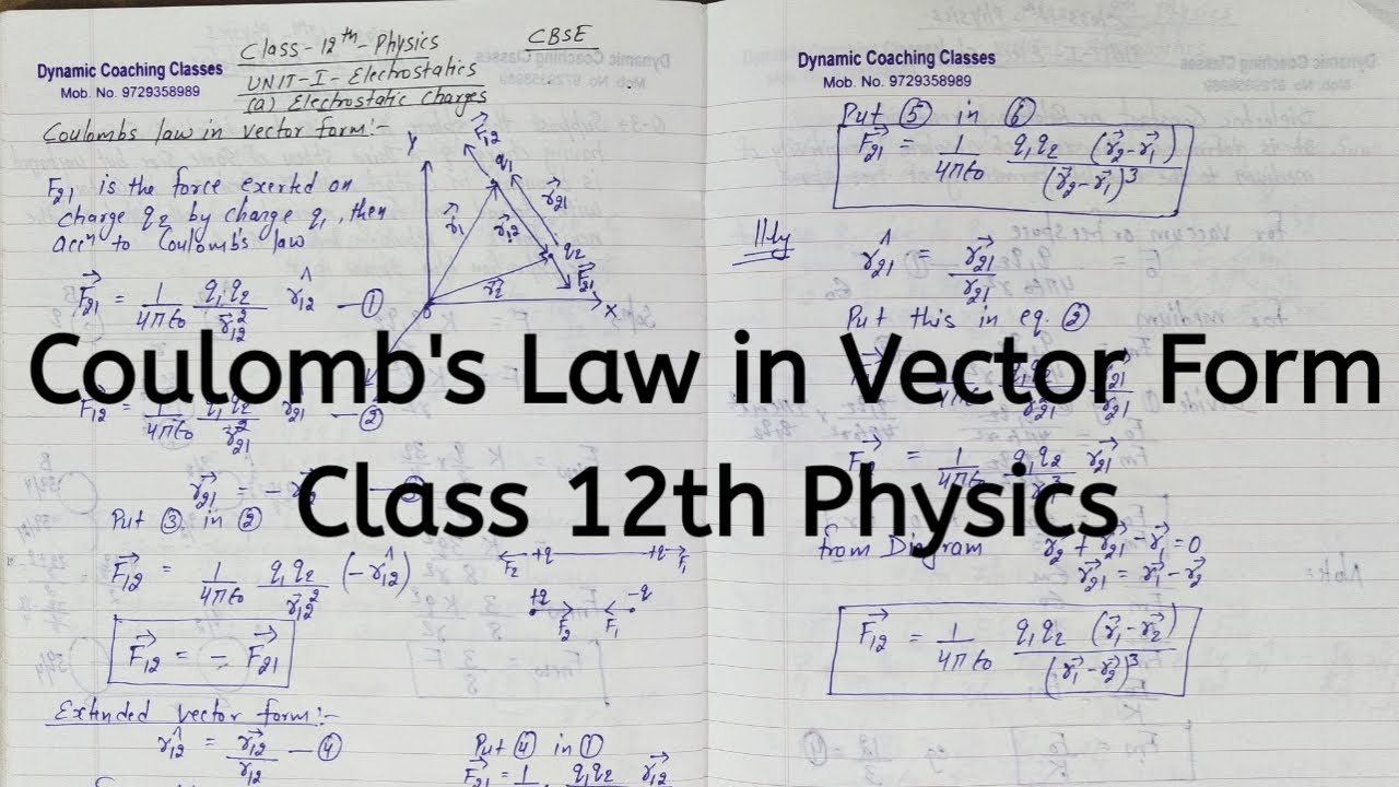 Coulombs Law in Vector Form, Chapter 1, Electric Charges and Fields, Class 12 Physics