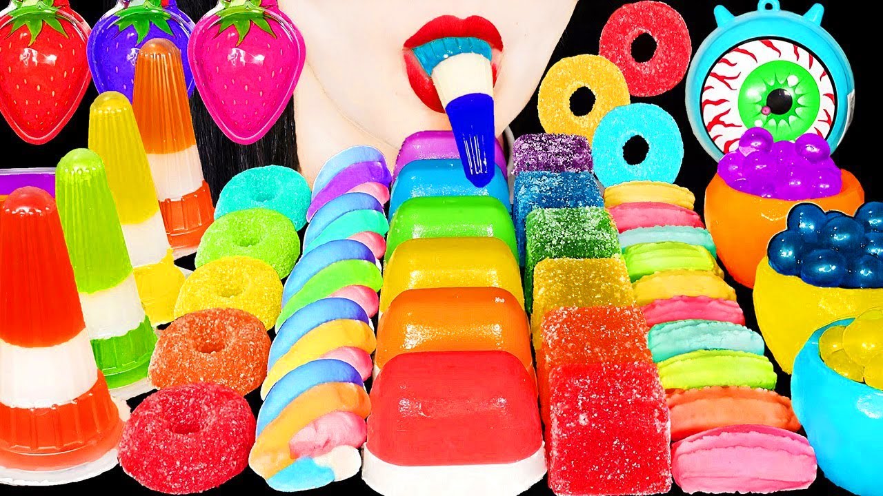 ASMR RAINBOW DESSERTS,  FRUIT SNACK JELLY STRSWBERRY GUMMY 무지개 디저트 얼린 닉클립 젤리 먹방 eating mukbang