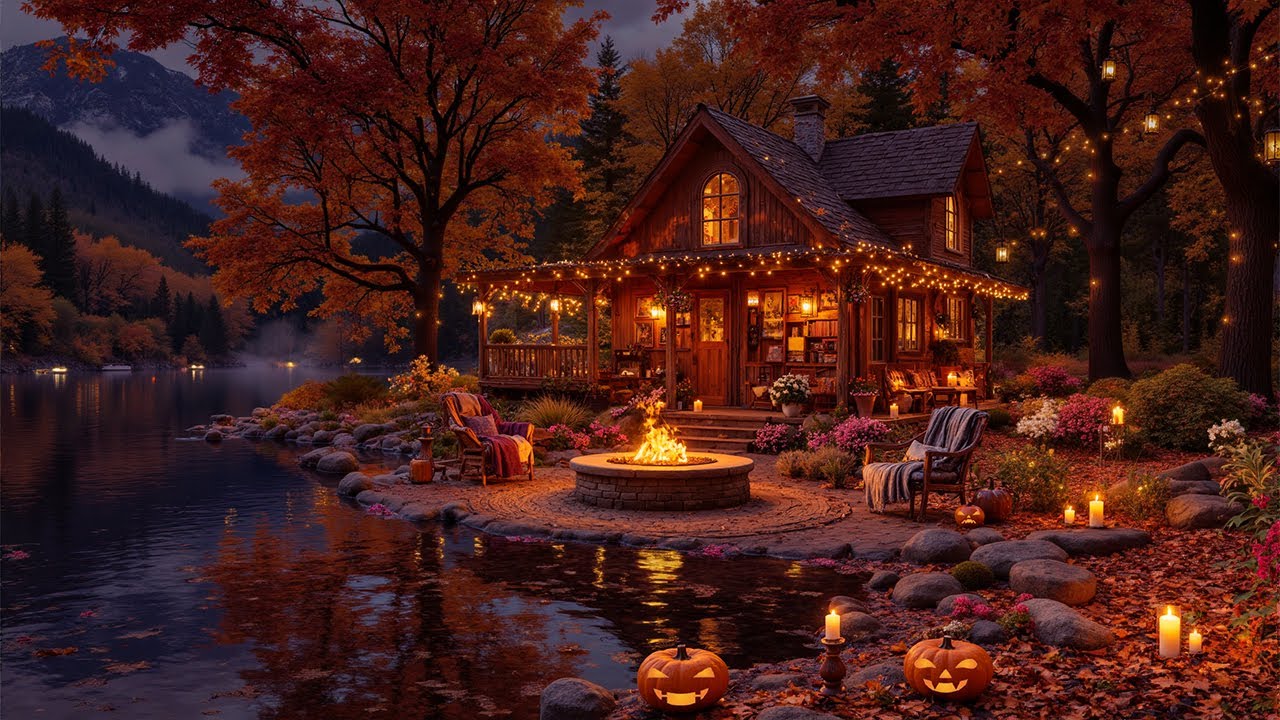 Soothing Autumn Jazz at Lakeside Porch 🍁 Fireplace Ambience for Study, Relaxation and Deep Focus