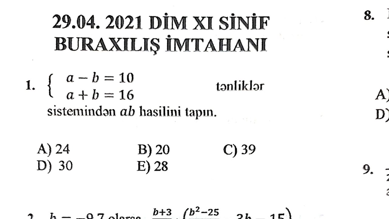 Riyaziyyat Buraxılış suallari 29.04.2021