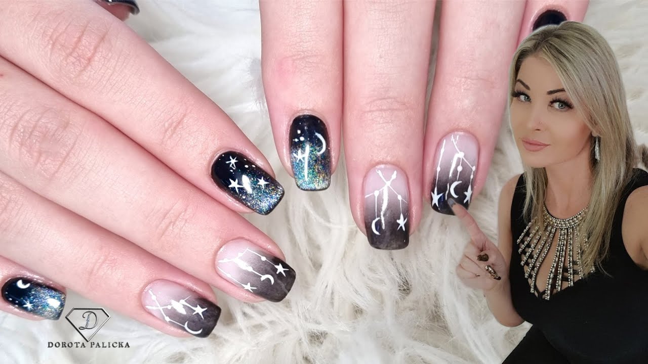 Black faded ombre french. Stars and moons nail art. Babyboomer on short nails.