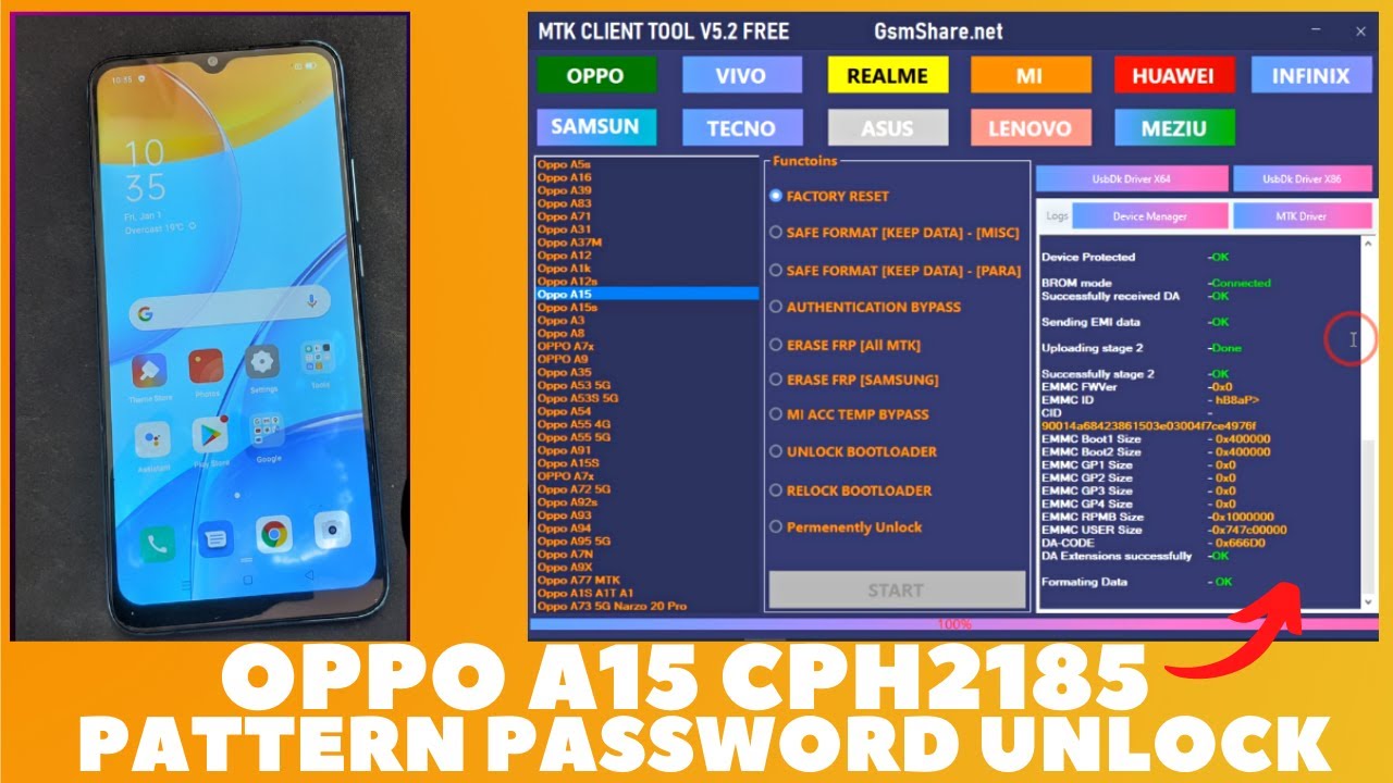 Oppo A15 (CPH2185) Pattern,Password, FRP Unlock 1 Click | Oppo A15 Hard Reset | Mtk Client Tool v5.2