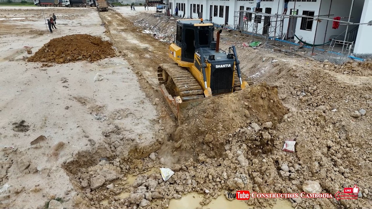 Nicely Open New Huge Landfill By Skilled Shantui Dozer Pushing Dirt And Many 25-ton Dump Trucks