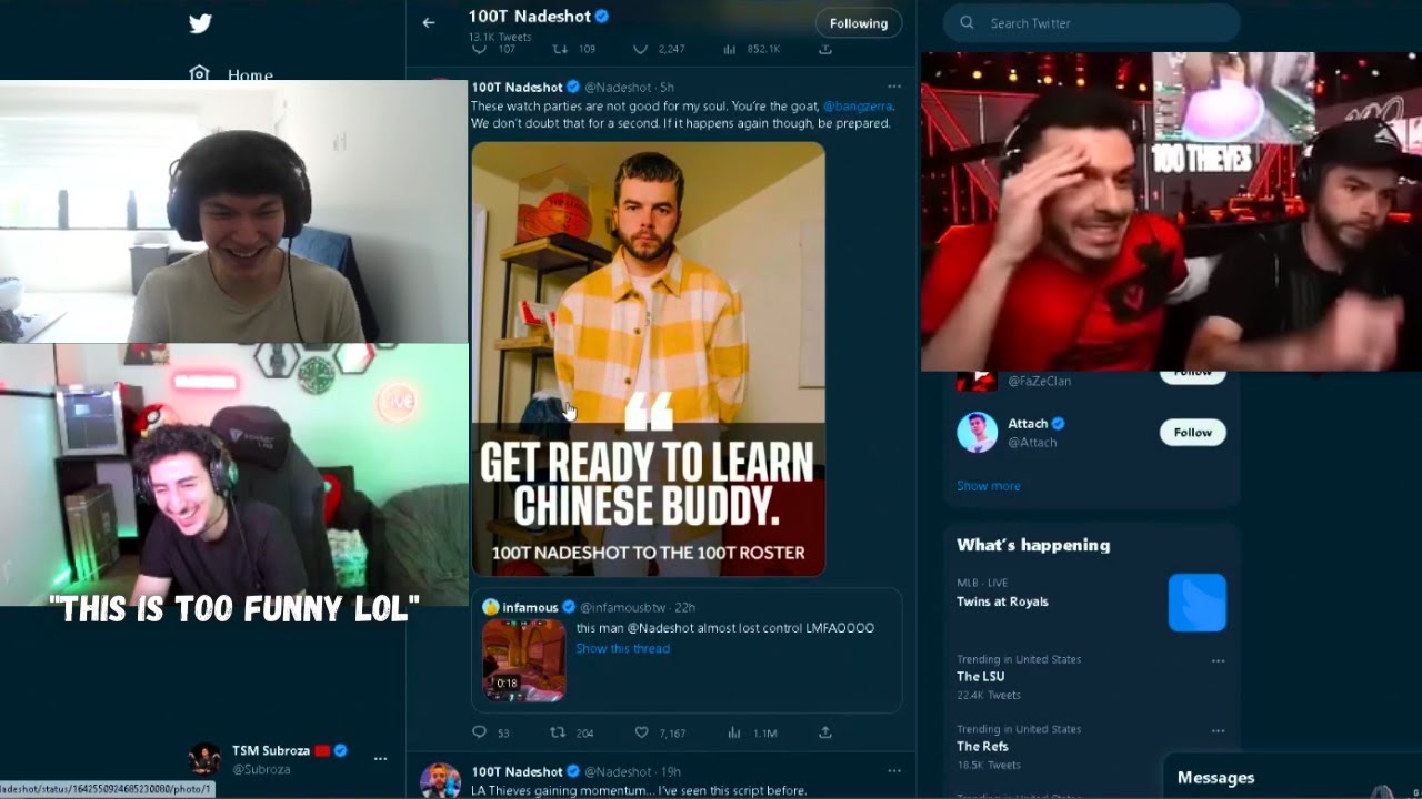 Sinatraa & SubRoza Reacts To 100T Nadeshot Raging At Bang & Tweet