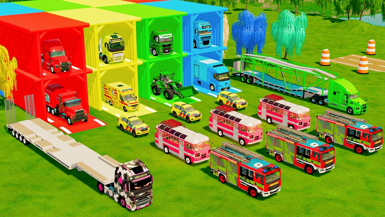 TRANSPORTING FIRE ENGINE, AMBULANCE, POLICE CAR, WHEEL LOADER, GARBAGE TRUCK TO GARAGE - FS22