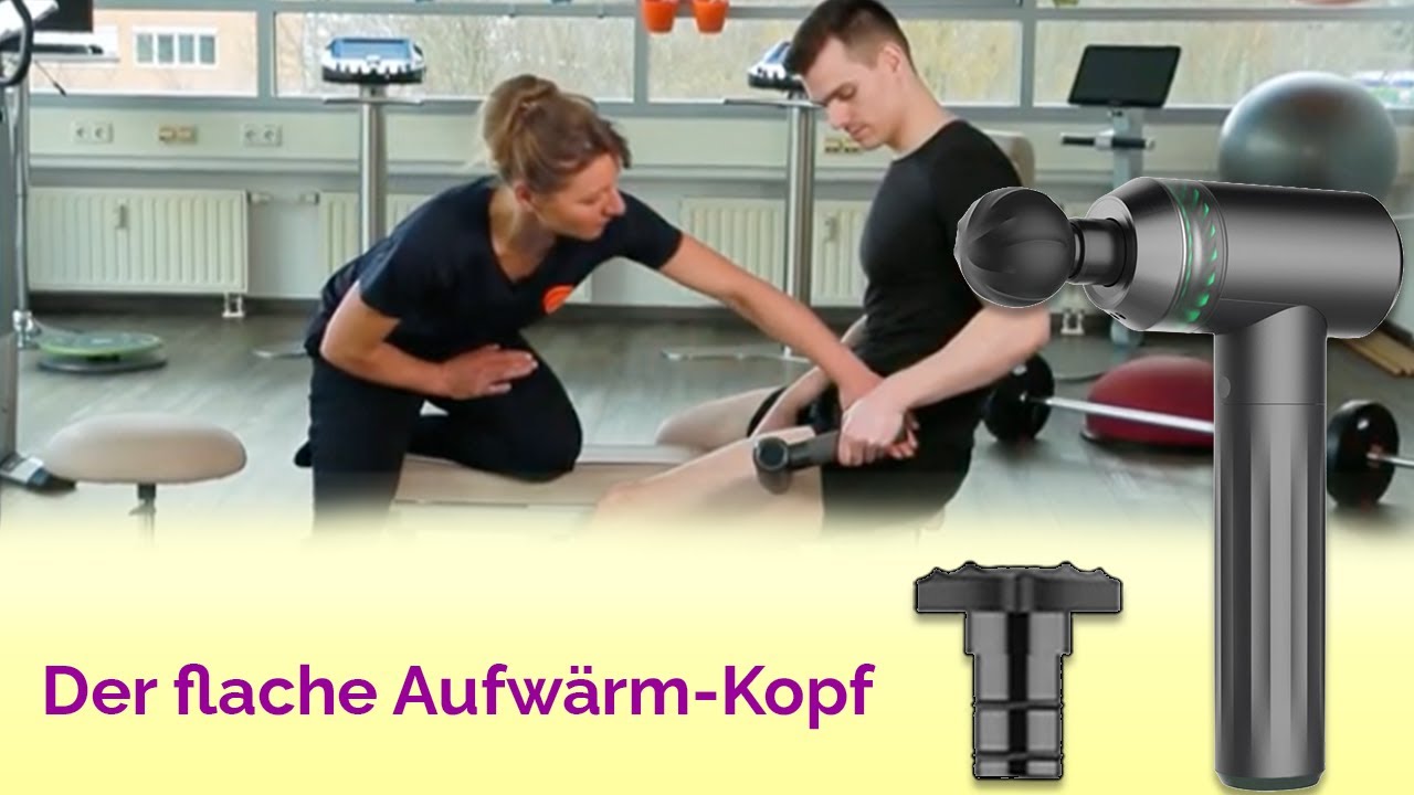 Korrekte Anwendung einer Massagepistole mit dem flachen Aufwärmmassagekopf