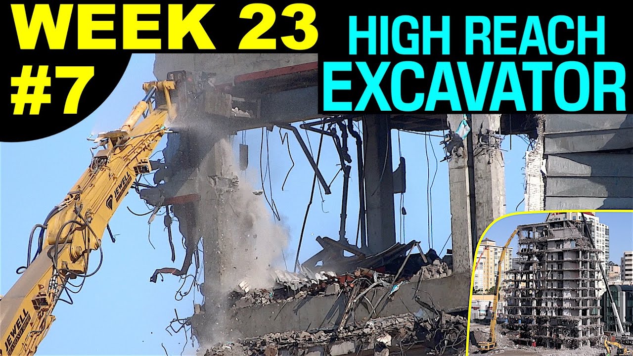 High reach demolition excavator dismantling high-rise top floors, 2-cam sequences (Week 23, set 7)