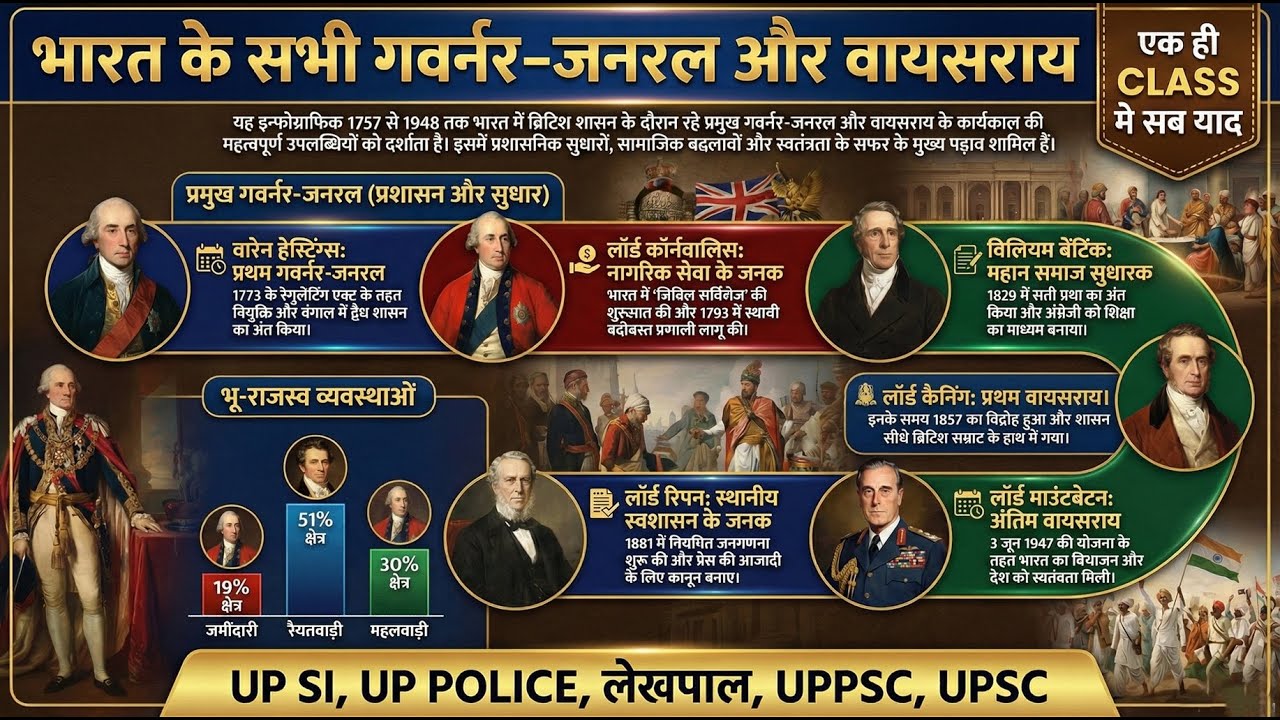 भारत के सभी गवर्नर-जनरल और वायसराय: प्रमुख घटनाएं और उनके कार्यकाल की विशेषताएं | UP SI & लेखपाल |