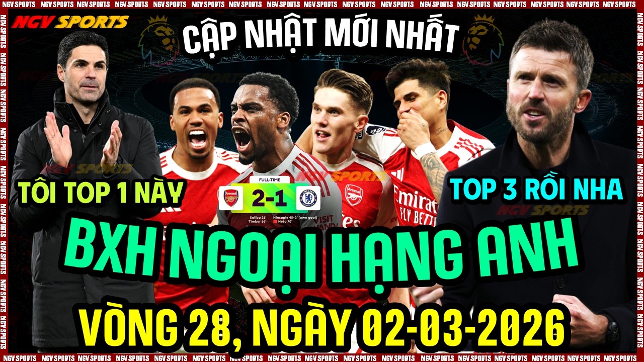 BẢNG XẾP HẠNG NGOẠI HẠNG ANH 2025/2026, VÒNG 28 MỚI NHẤT HÔM NAY, ARS TOP 1, MC TOP 2, NGÀY 2/3/2026