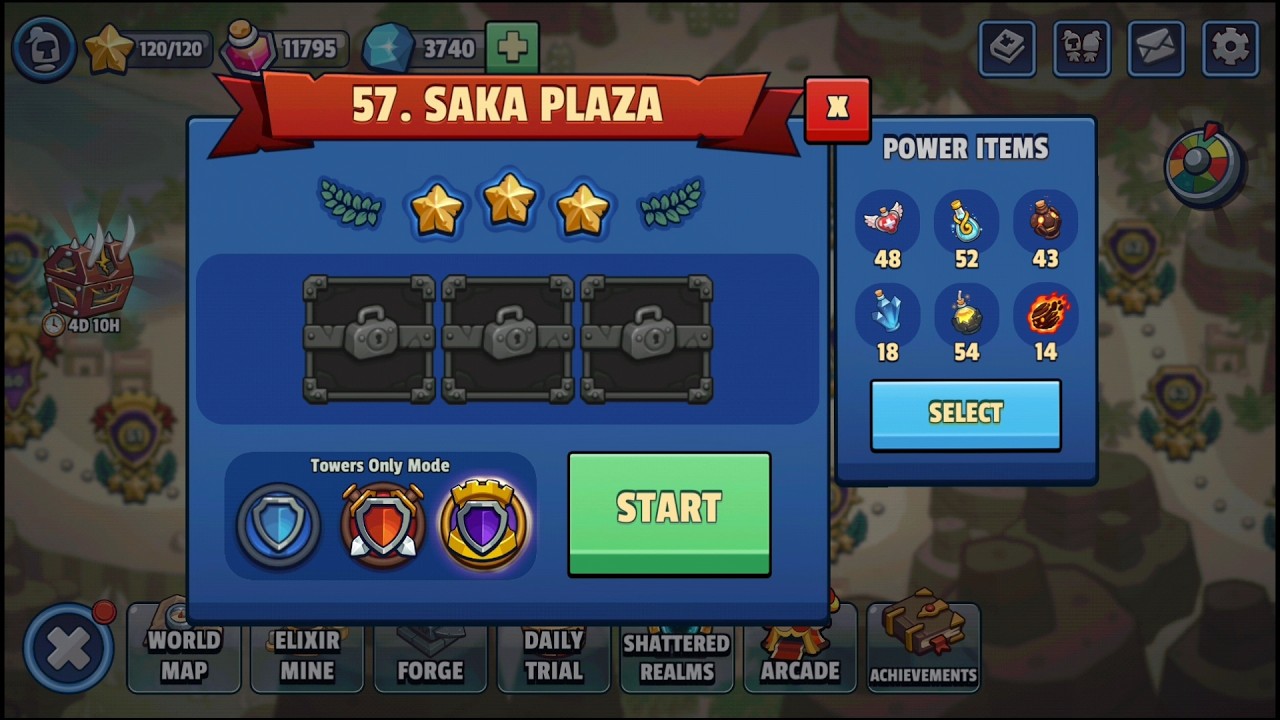 Realm Defense - World 3 | Level 57 (Saka Plaza) | Towers Only Mode | 3 Stars | No Spell