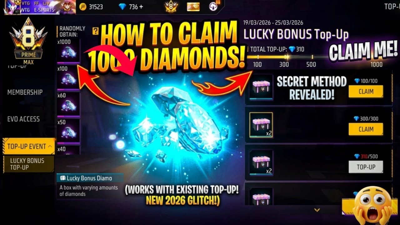 LUCKY BONUS TOPUP EVENT FREE 1000 DIAMOND BOX | FREE FIRE NEW EVENT TODAY | HOW TO CLAIM 1000 💎
