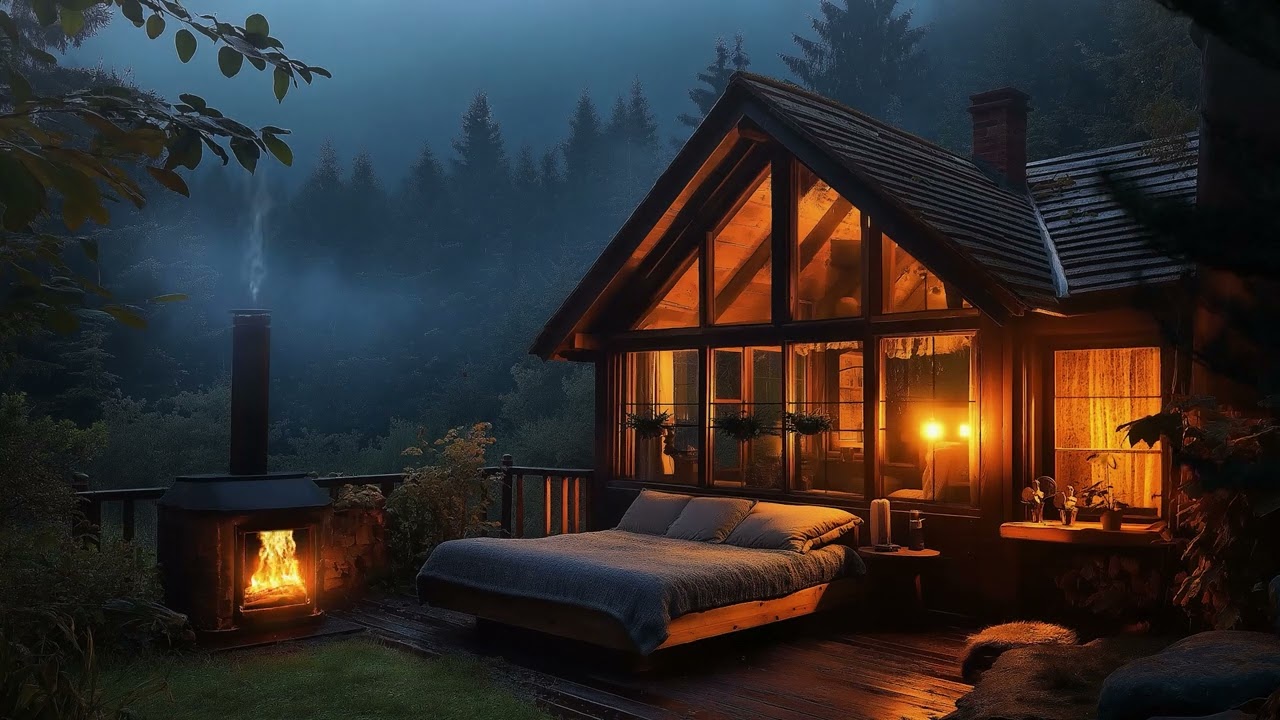 Cozy Cabin Night with Smooth Jazz and Warm Firelight